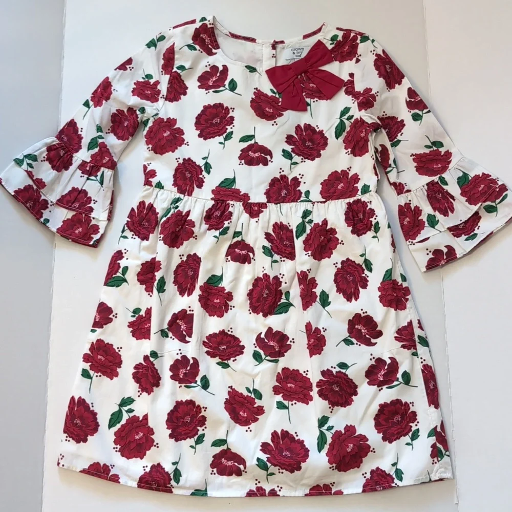 Crown & Ivy Kids White/Red Floral Dress. 3/4 Length Bell Sleeve. Size 10